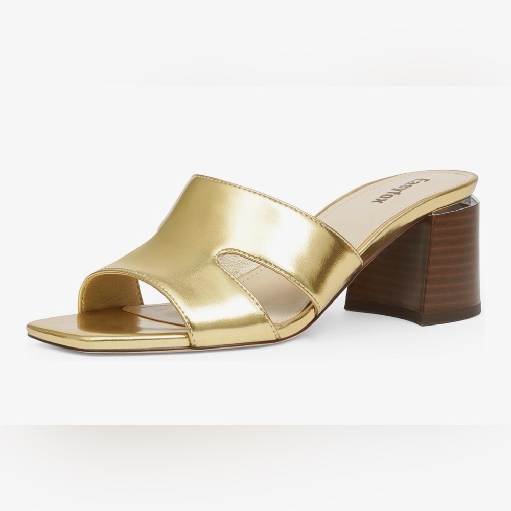 NEW Gold Vegan Leather Open Toe Heeled Mules Chunky Heel Sandals 6